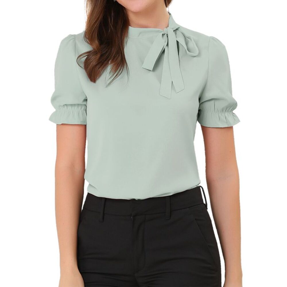 Bow Tie Neck Tops Elegant Office Short Sleeve Blouse Light Green